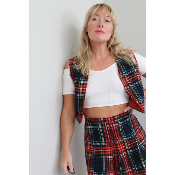 1960's Vintage Tartan Plaid Skirt & Vest Set Women's XS SM Scottish Pleat Skirt - Picture 3 of 9